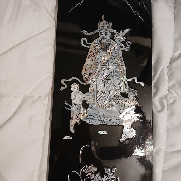 Fu lu Shou Vintage Chinese Black Lacquer Abalone shell Art - Picture 3 of 9